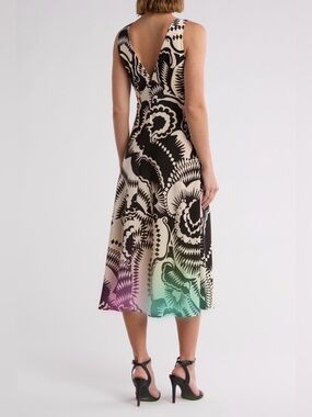 CALVIN KLEIN Brown  Cream Printed V‑Back Midi Dress line A flower print  Sz 12